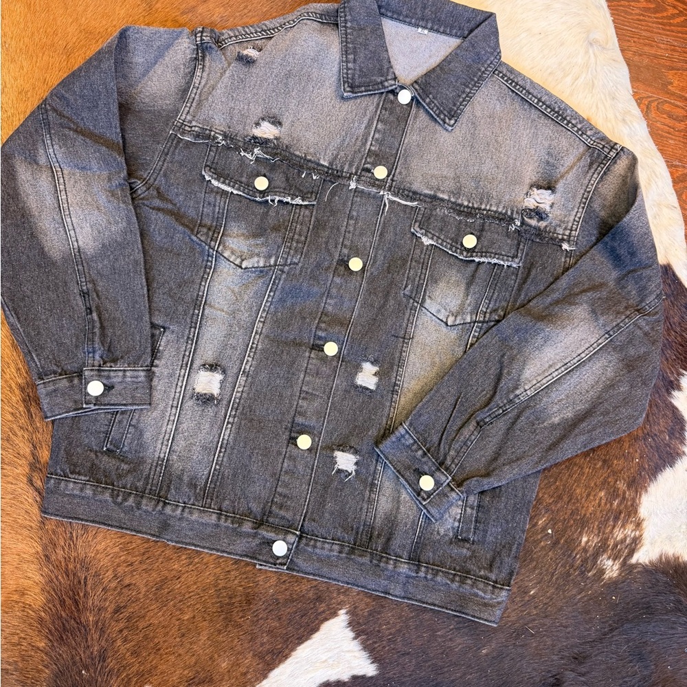 Men's Distressed Denim Jacket - Black
